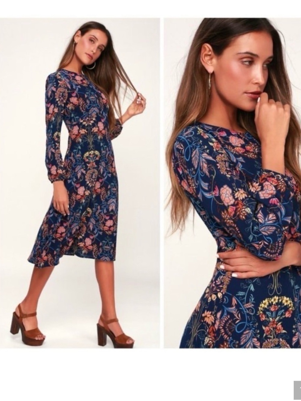 I. Madeline Garden Splendor Floral Midi Dress Long Sleeve Navy Size S